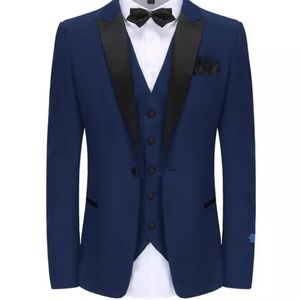 3 piece Blue men’s suit with Black Satin Lapels